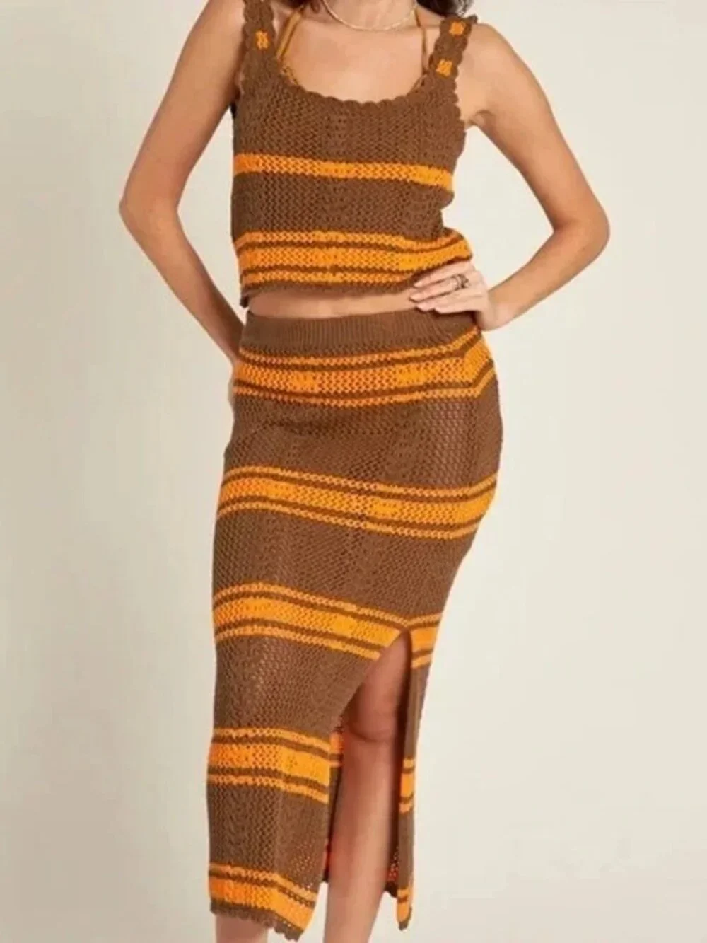 En Creme Orange and Brown Crochet Skirt Set